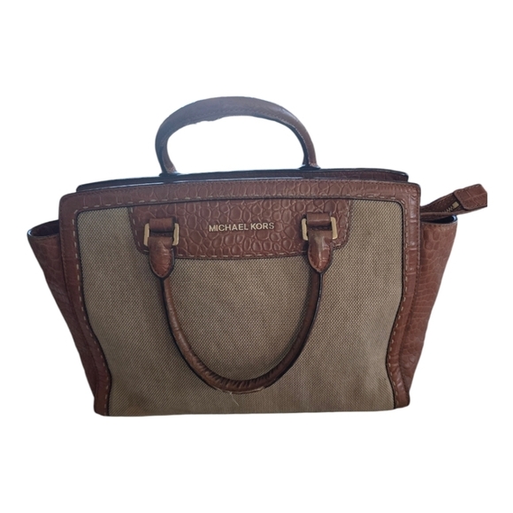 Vintage Michael Kors Canvas and Leather Handbag Gold Hardware Medium - Picture 1 of 16